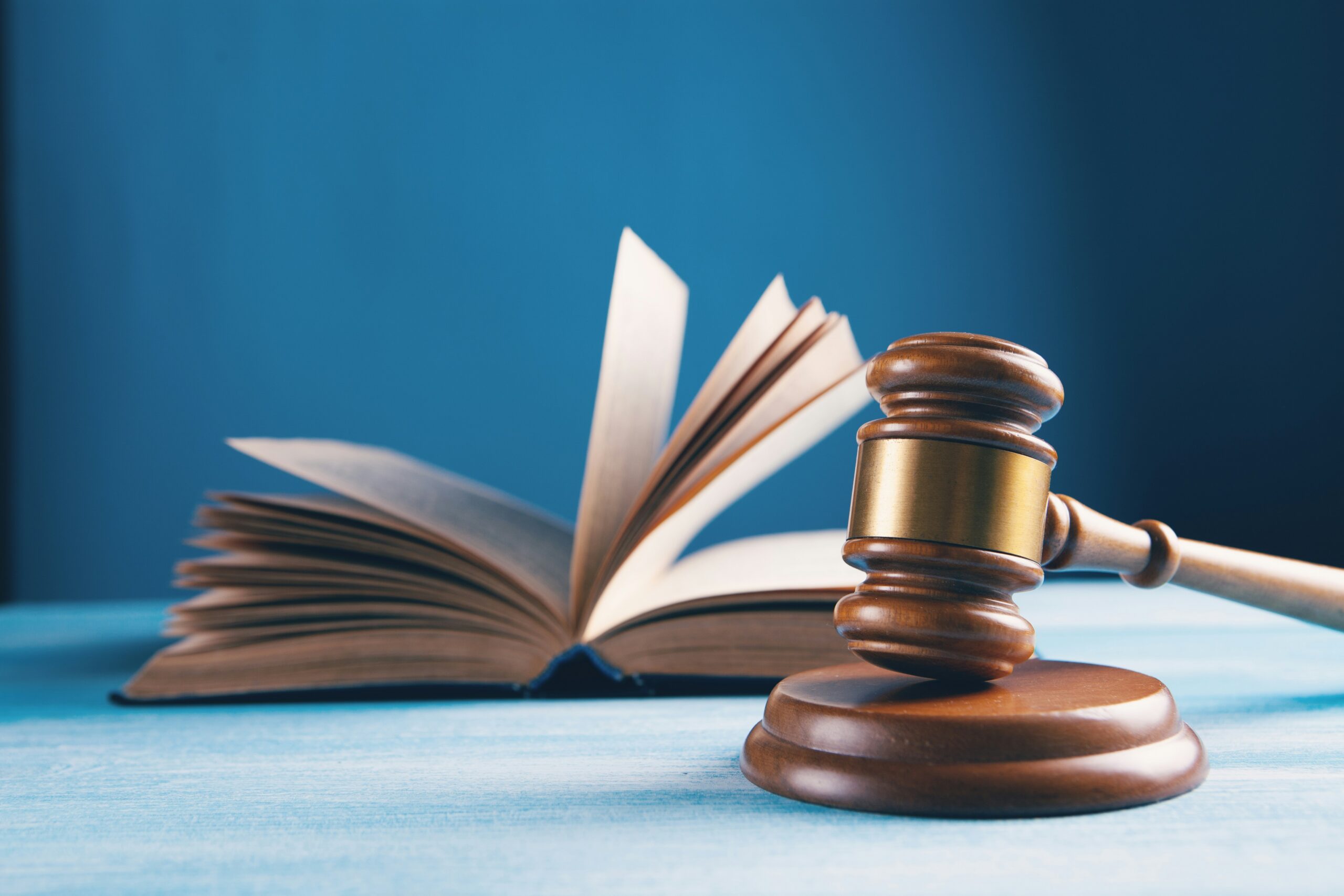 a gavel next to a law book