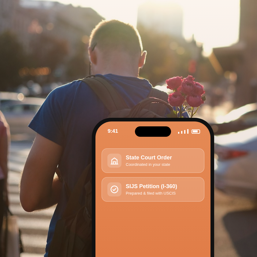 Young person with a backpack walking in warm evening light, with a phone showing SIJS case steps: state court order and SIJS petition